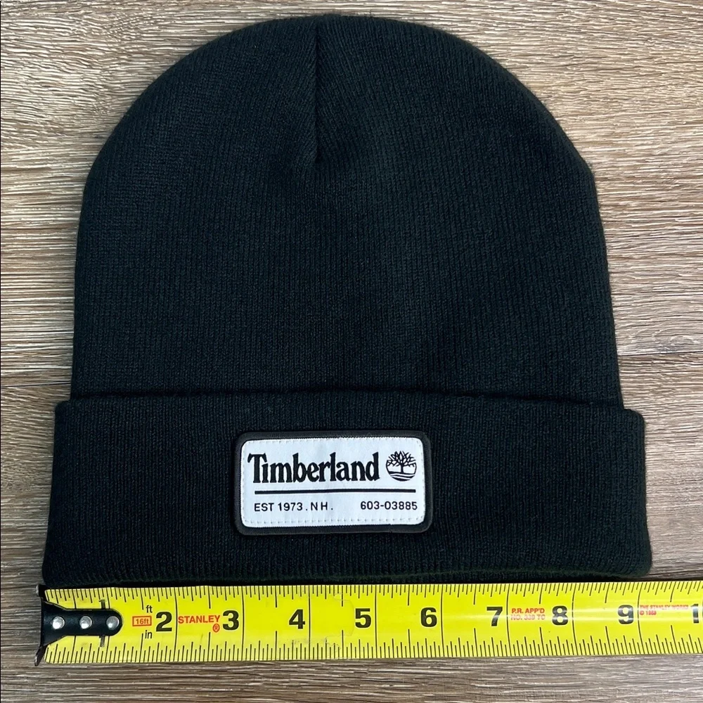 Timberland Black Knit Beanie Cuffed Logo Patch Hat OS